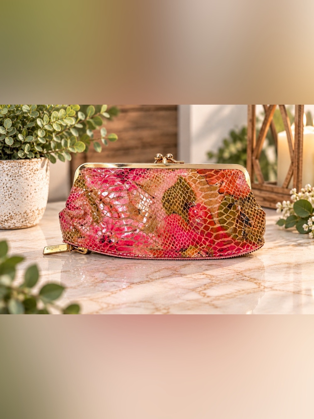 HOBO International Floral Snakeskin Embossed Leather Kiss-Lock Clutch Wallet